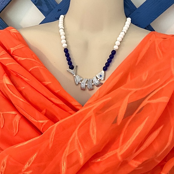 Silver Fish Necklace. Blue & White Glass Beads. Length can be Adjusted to Fit. - Picture 5 of 8